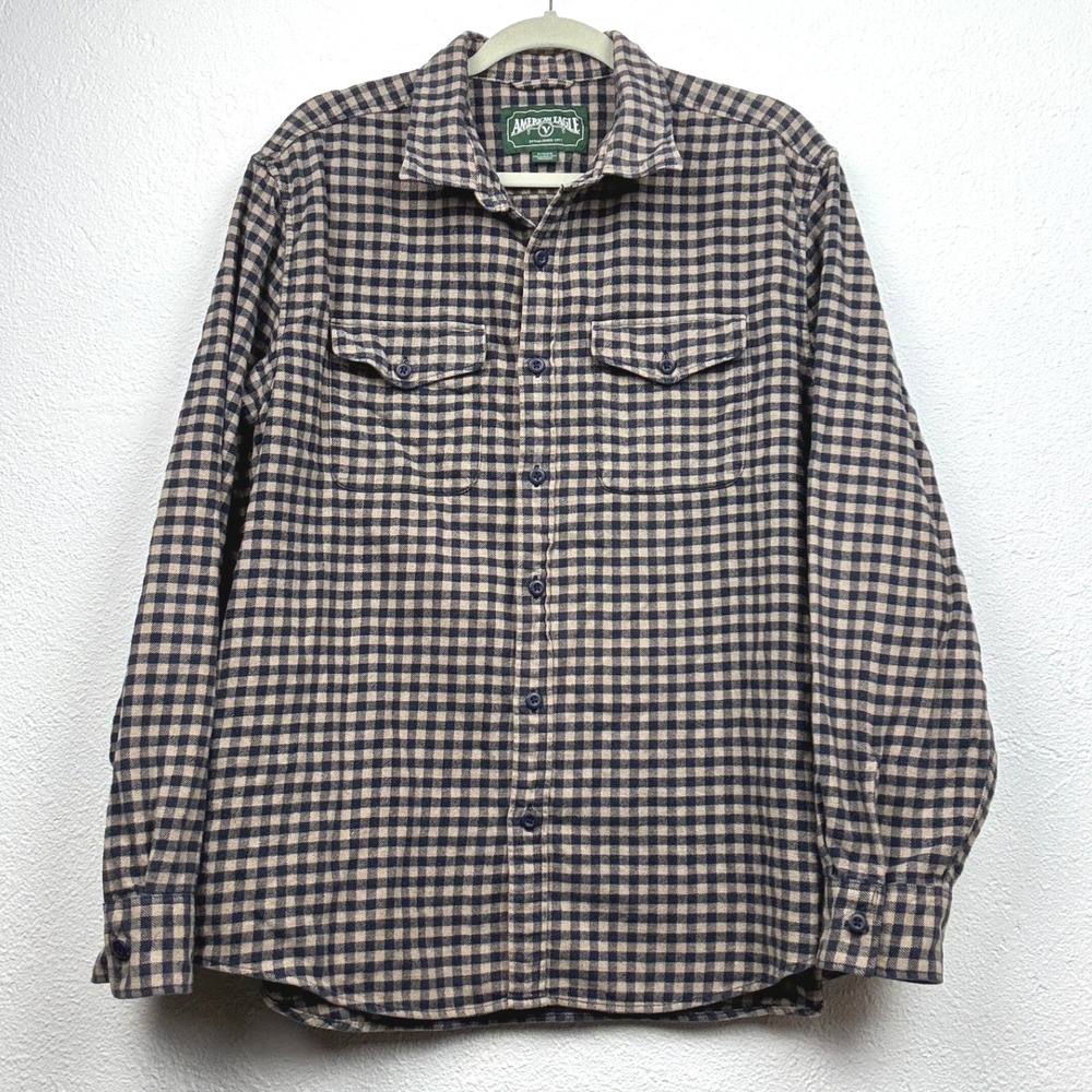 American Eagle Navy Tan Flannel Shirt - XL - Gingham Cotton Button Down Rugged